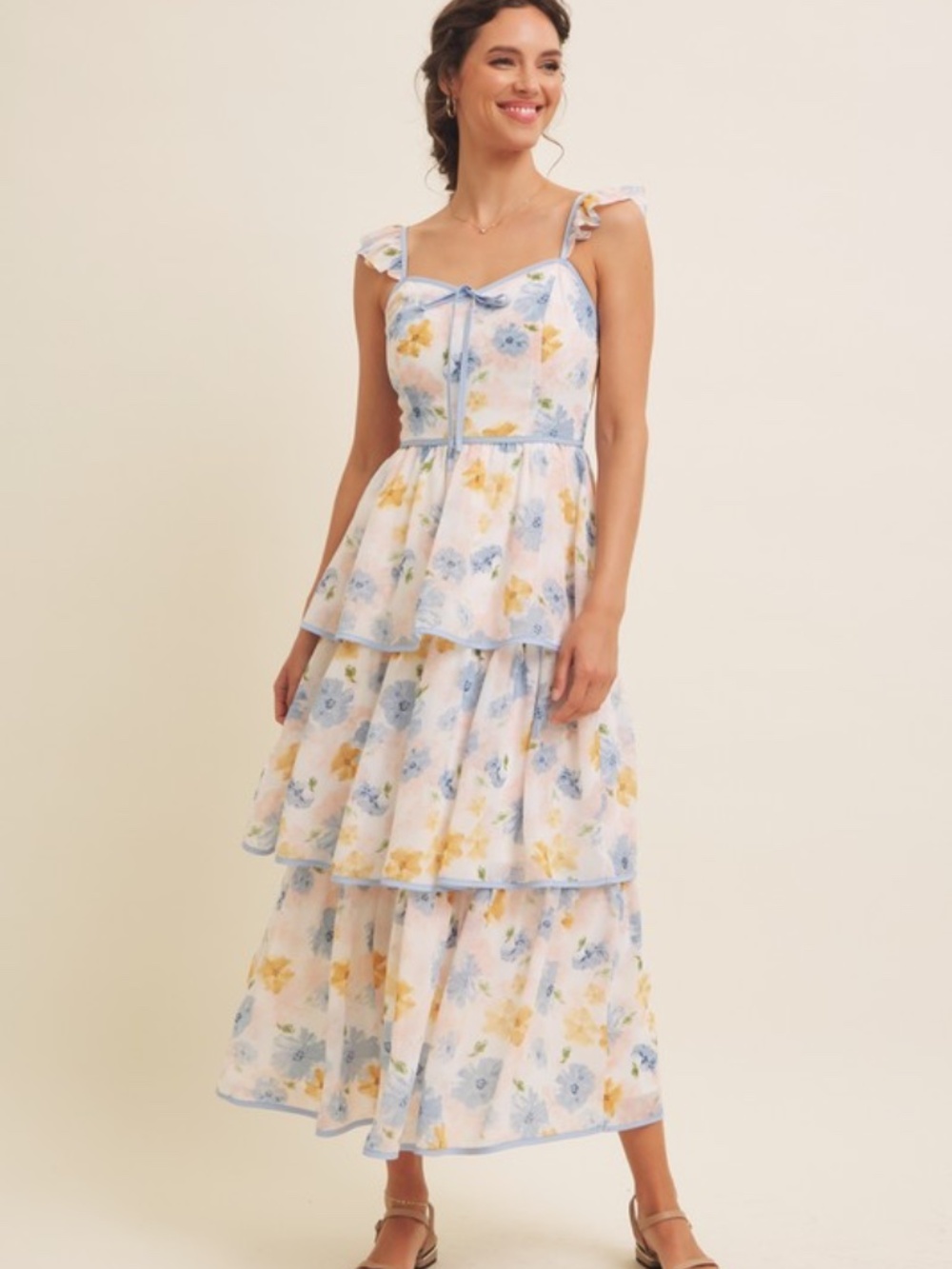 Floral Midi Dress With Ruffled Straps